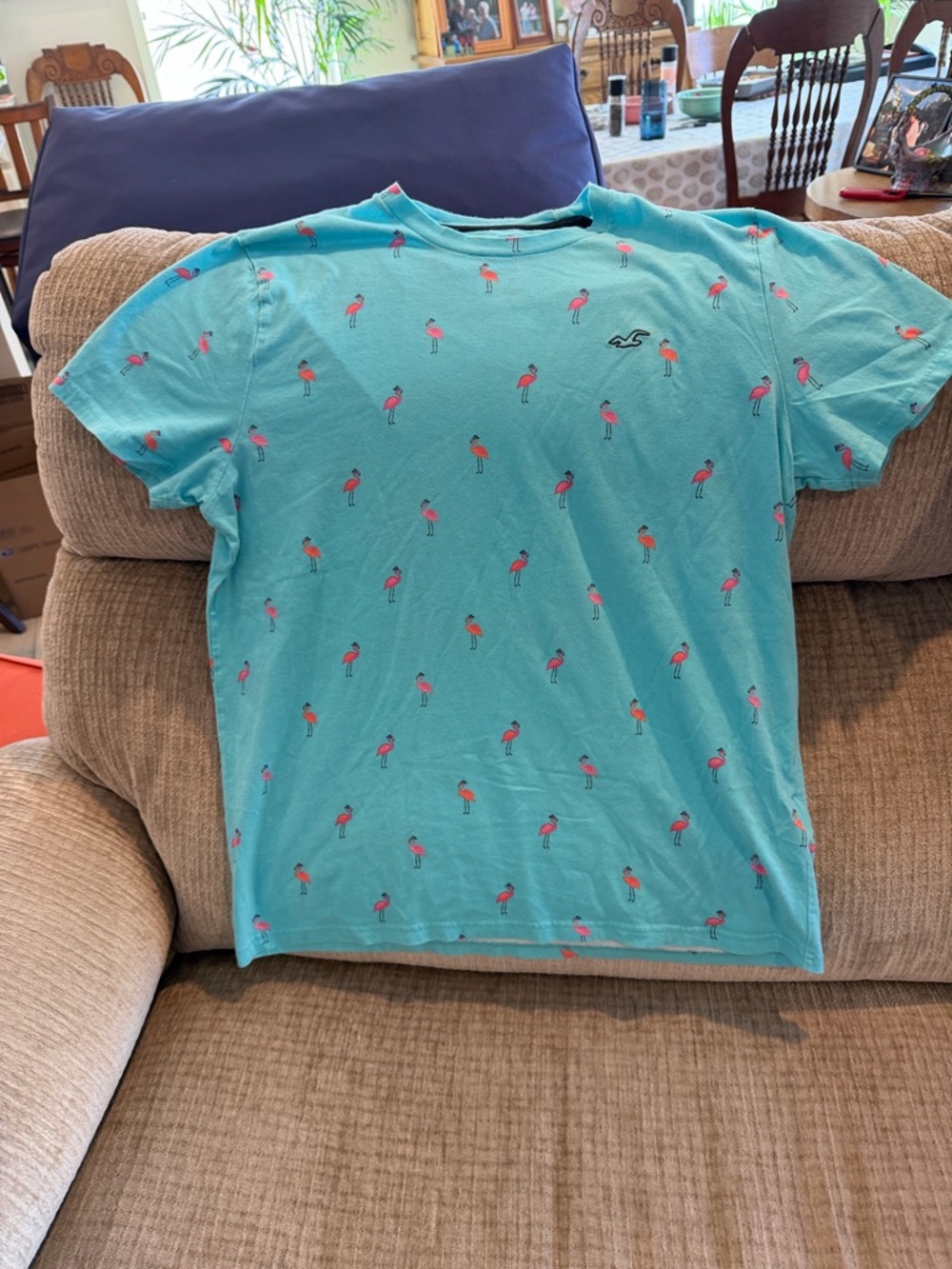Hollister Aqua Tee with Pink Flamingo Print size large